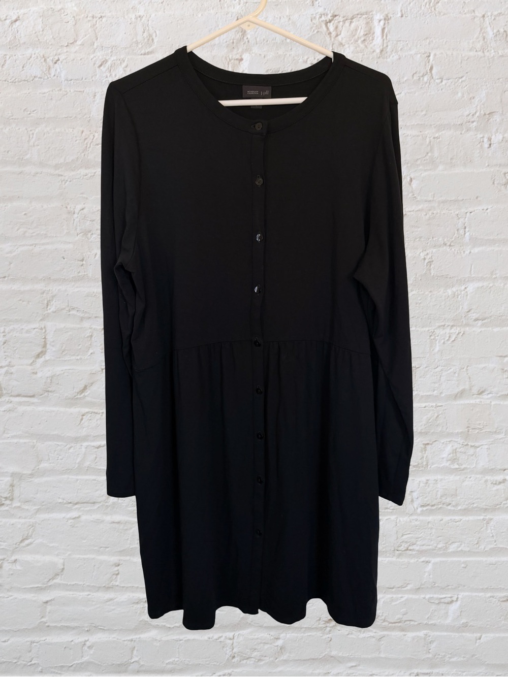 J.Jill Wearever Black Button Front Babydoll Drop Waist Midi Dress Long Sleeve L - Picture 2 of 7
